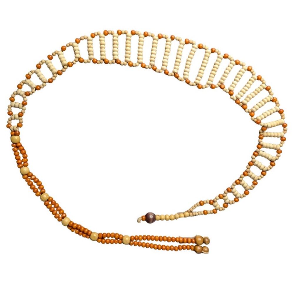 Boho Wooden Bead Ladder Belt Tan Orange Lariat Wrap Statement Necklace 45”